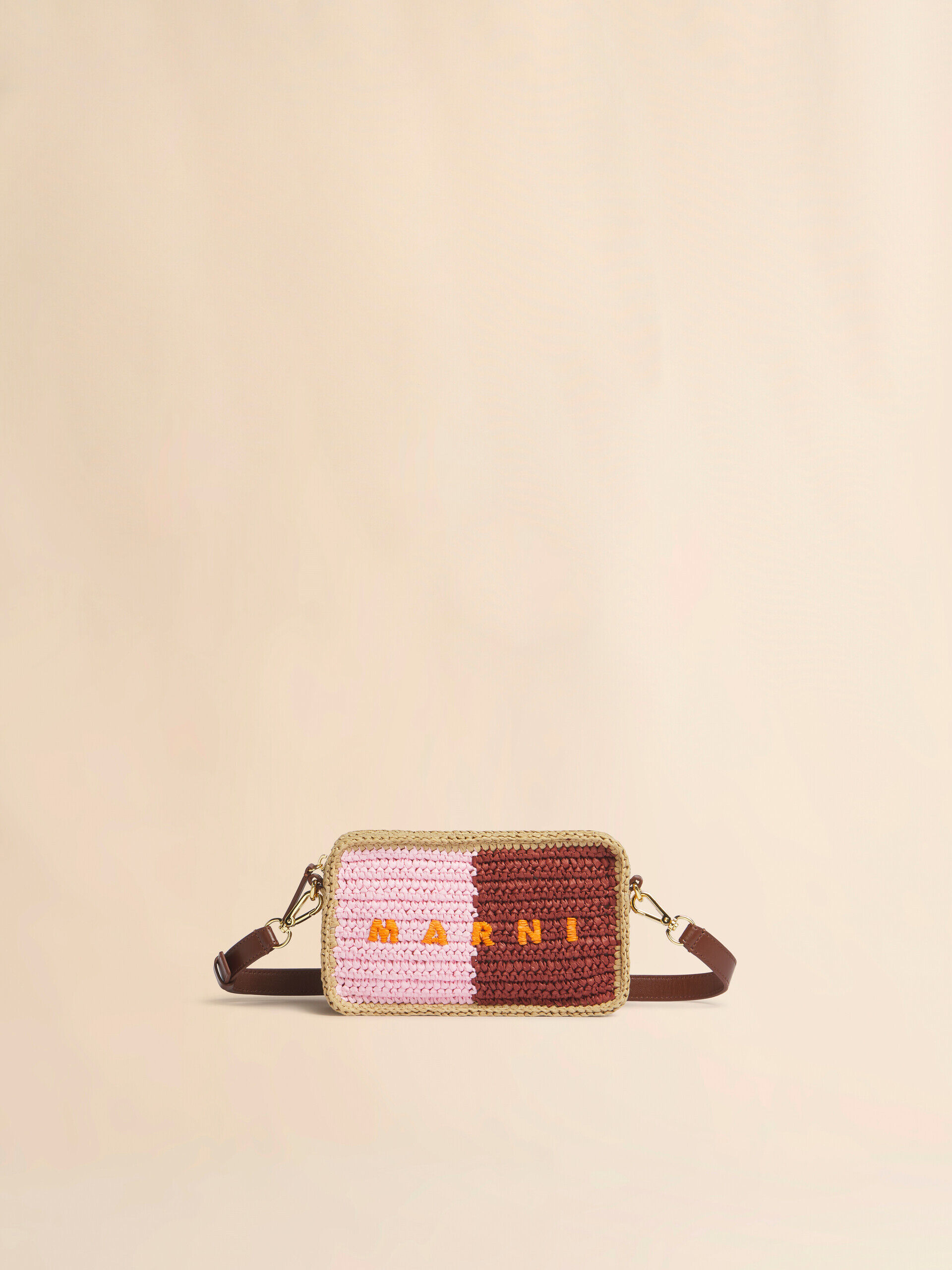 Pink and burgundy paper raffia Seaside camera bag | Marni Pink and burgundy paper raffia Seaside camera bag | Marni