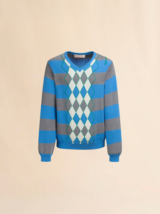 Blue stripe sweater with argyle motif - Pullovers