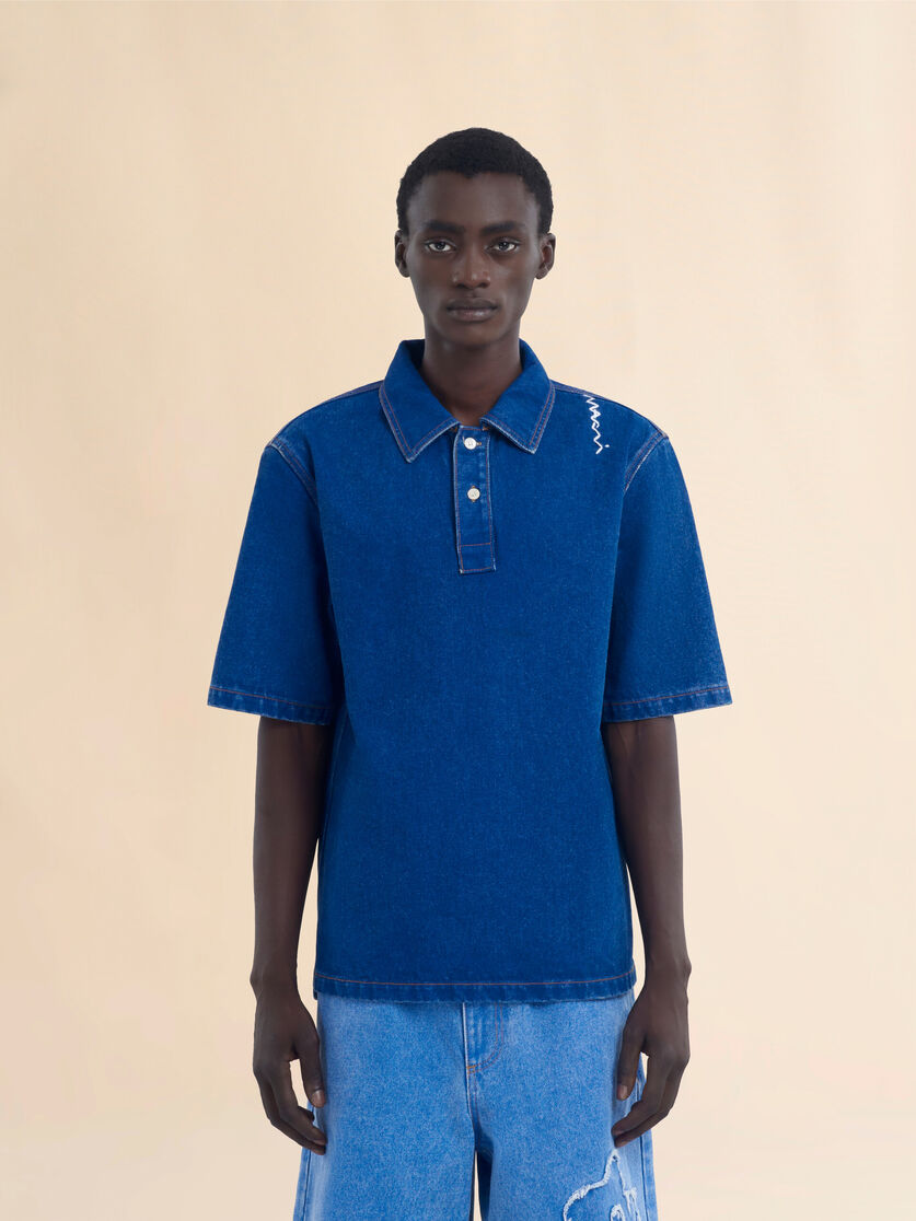 Blue oversize organic denim polo shirt with Marni Symbol - Shirts - Image 2