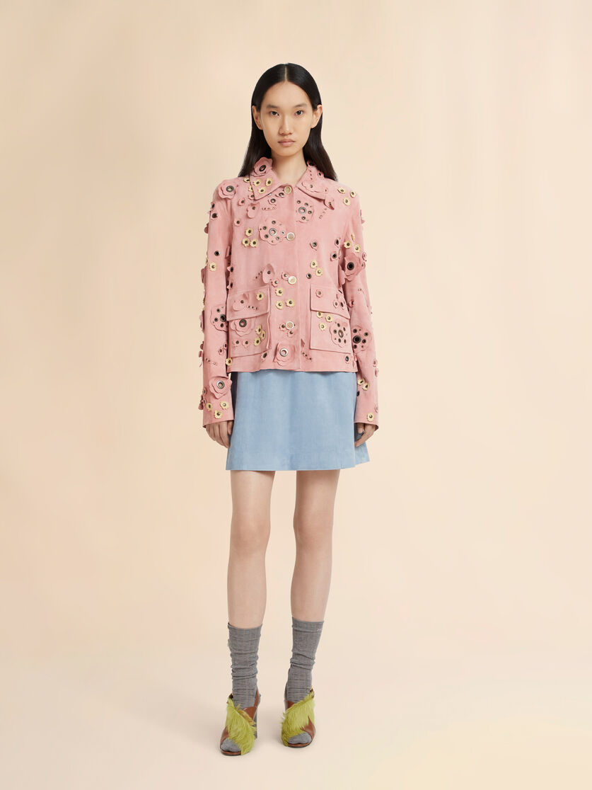 Pink suede jacket with flower appliqués, Image 2