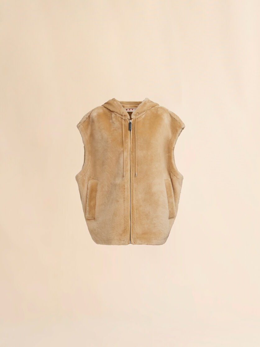 Gilet con cappuccio in shearling rasato marrone - Gilet - Image 1
