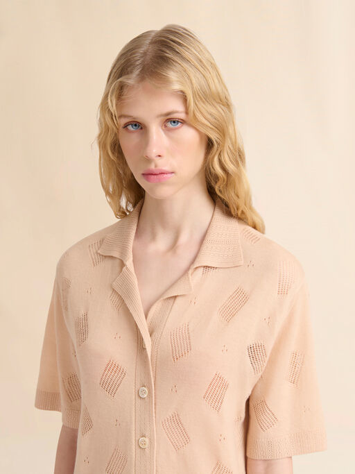 Pale peach wool-silk knit openwork shirt - Shirts