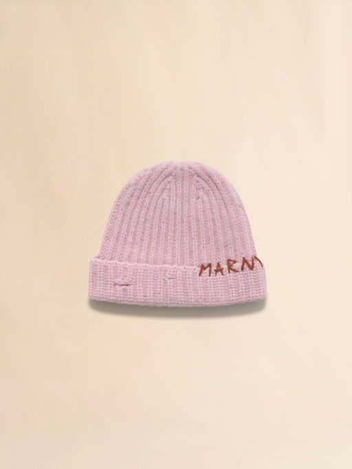 Pink Shetland wool beanie with Marni Mending - Hats