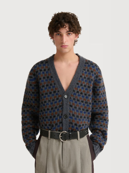 Grey and blue Shetland wool jacquard cardigan - Pullovers