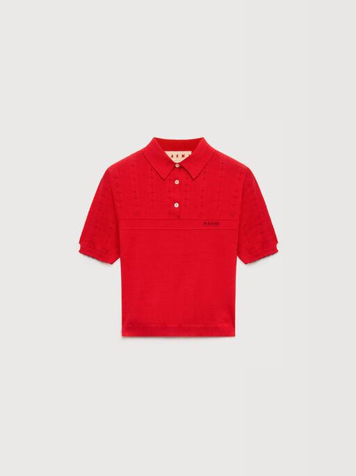 Red wool-silk polo shirt with pointelle detailing - Shirts