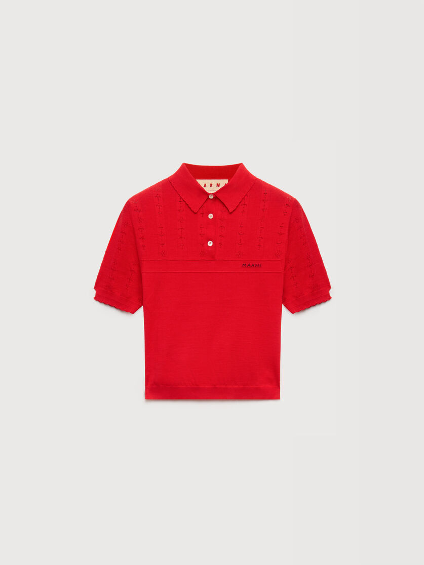Red wool-silk polo shirt with pointelle detailing, Image 1