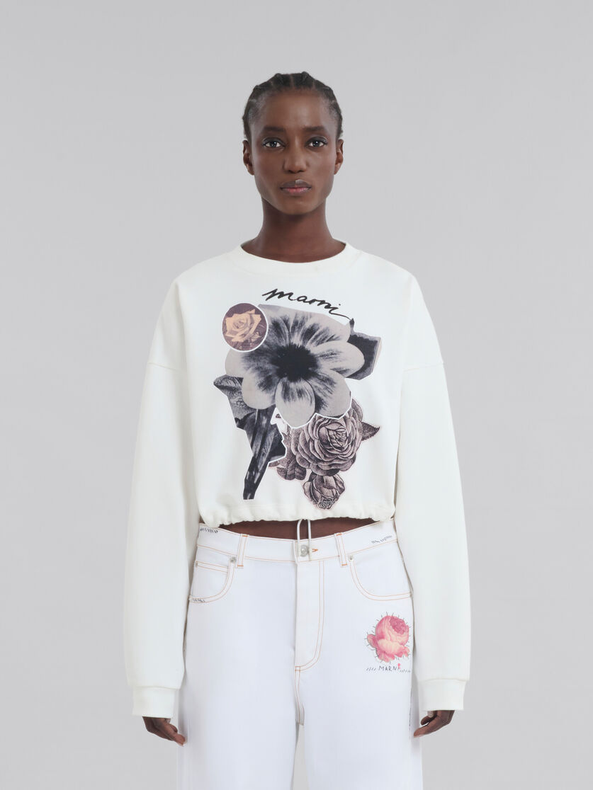 White cotton sweatshirt with flower collage print - Sweaters - Image 2