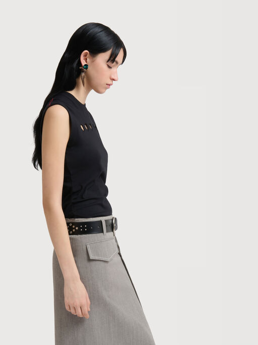 Black cotton sleeveless T-shirt with cut-out polka dots - T-shirts