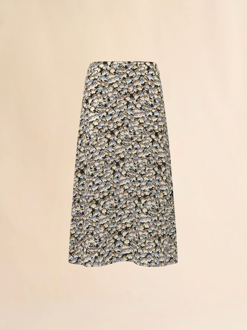 Black crêpe de chine fluid skirt with Anemones print, Image 1