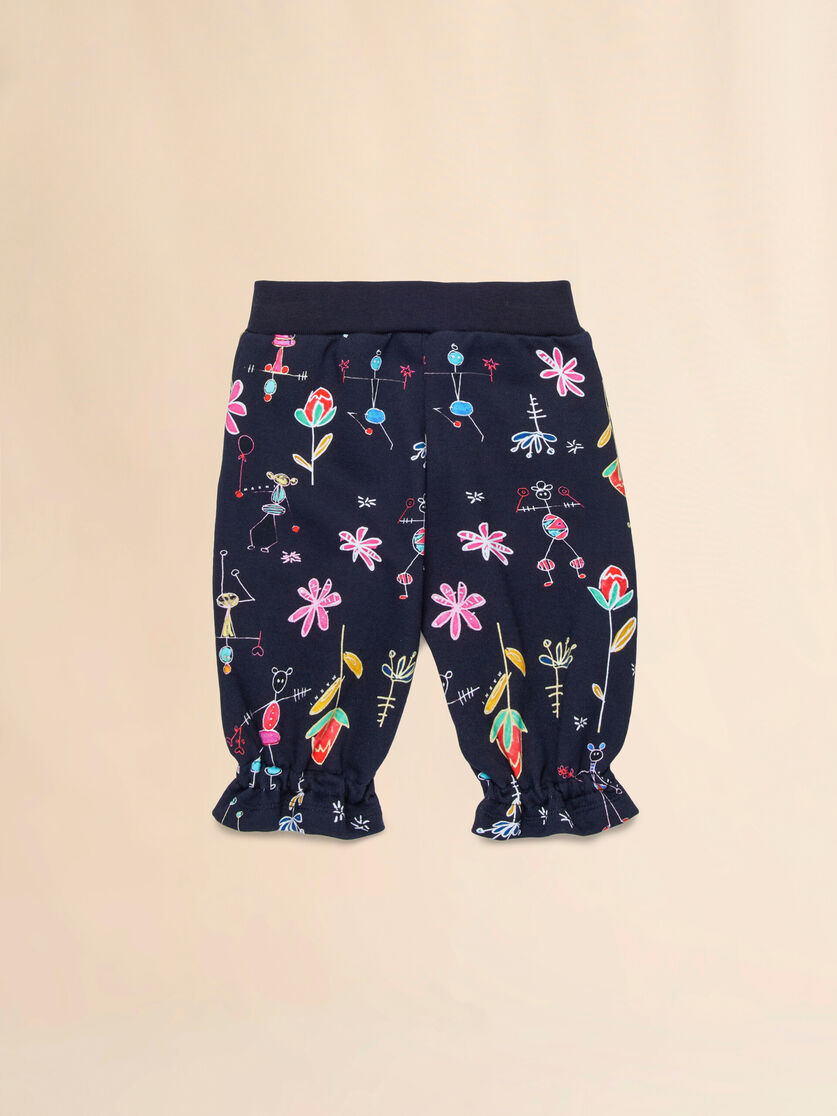 Deep blue cotton joggers with Fiorellini/Stecchini print - Pants - Image 2