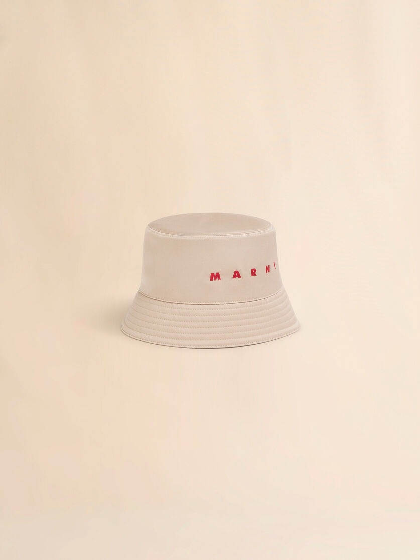 Beige water-repellent gabardine bucket hat with embroidered logo, Image 1