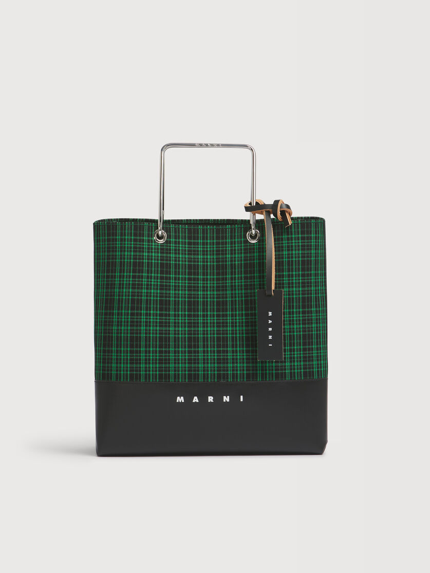 Green checked twill shopper with metal handles, Image 1