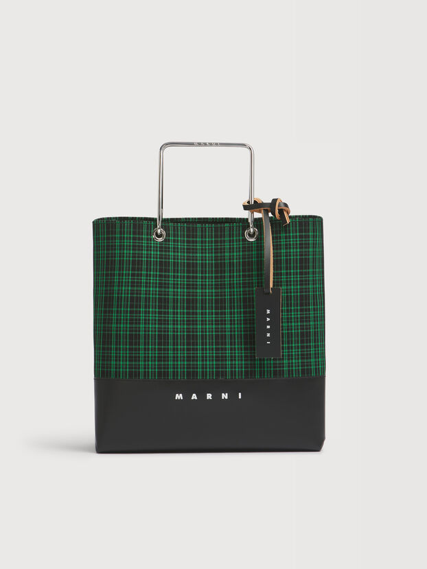 Bolso shopper de sarga a cuadros verdes con asas met&aacute;licas - Bolsos shopper