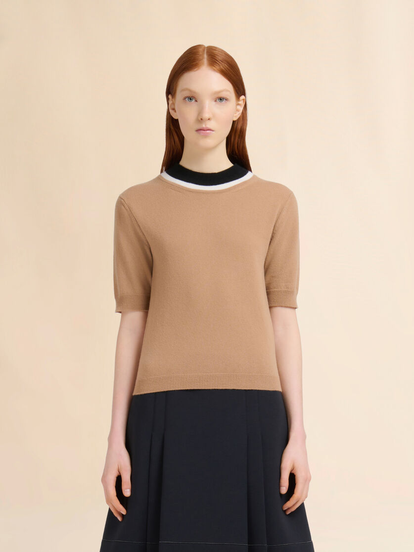 Brown wool jumper with bicolour neck - Pullovers - Image 2