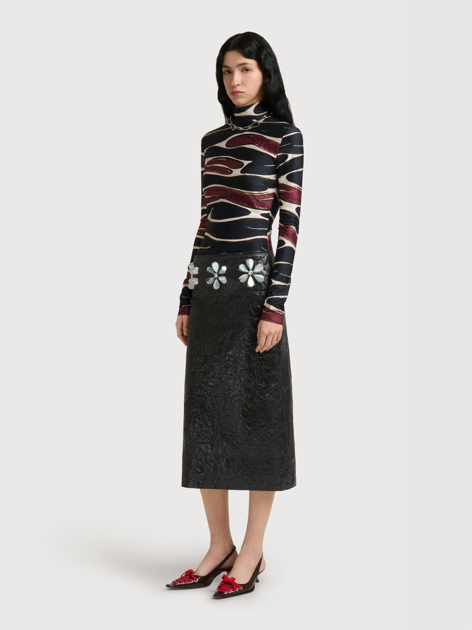 Black crinkled midi skirt with daisy details | Marni
