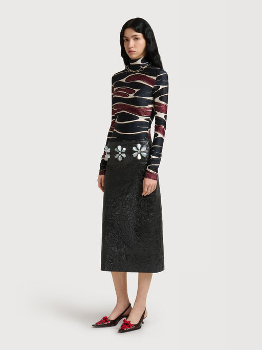 Black crinkled midi skirt with daisy details - Skirts