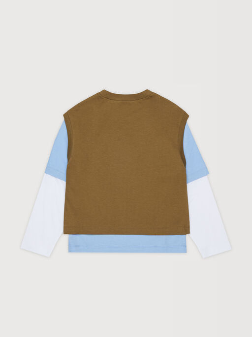 Brown light blue and white cotton T-shirt with layered effect - T-shirts