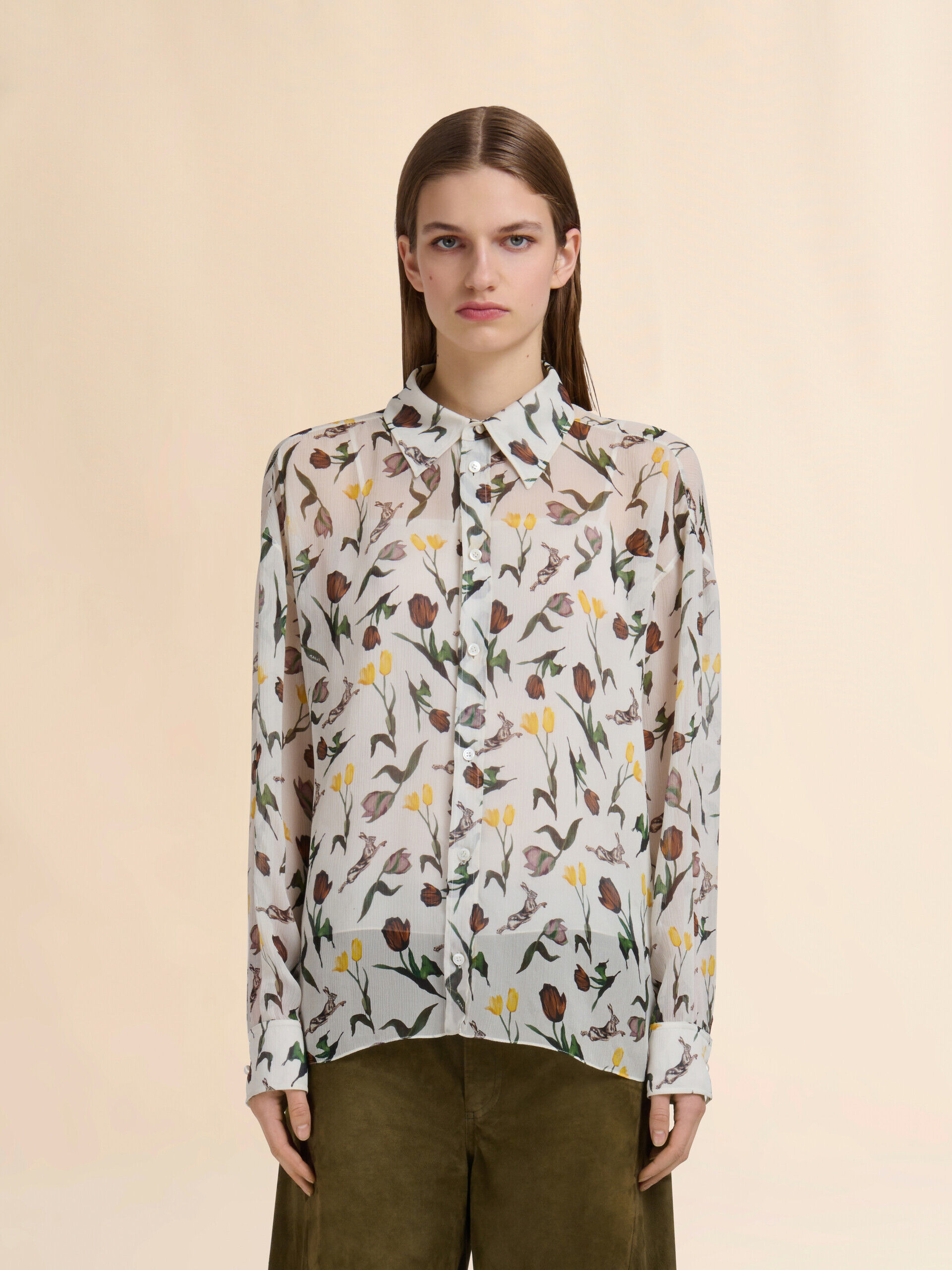 Cream chiffon shirt with Tulips and Hares print | Marni
