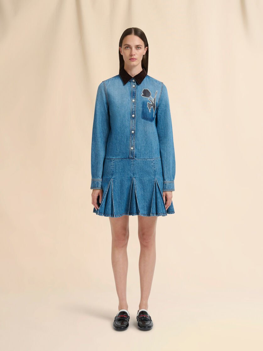 Blue denim mini dress with pleated skirt - Dresses - Image 2