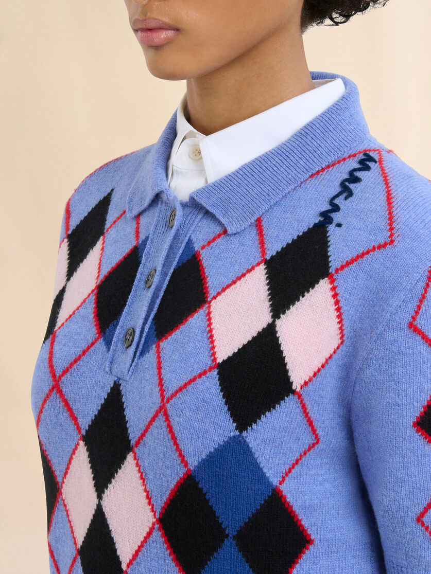 Light blue Argyle wool polo shirt - Shirts - Image 4