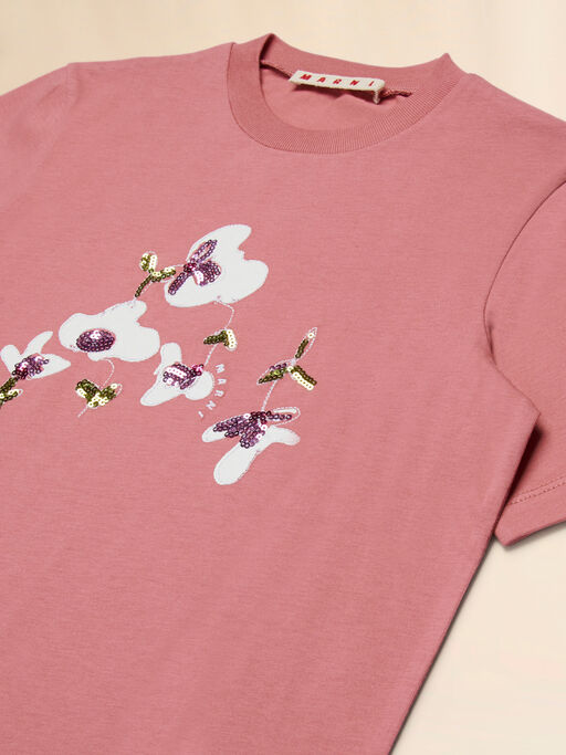 Pink cotton T-shirt with sequin Ninfee print - T-shirts