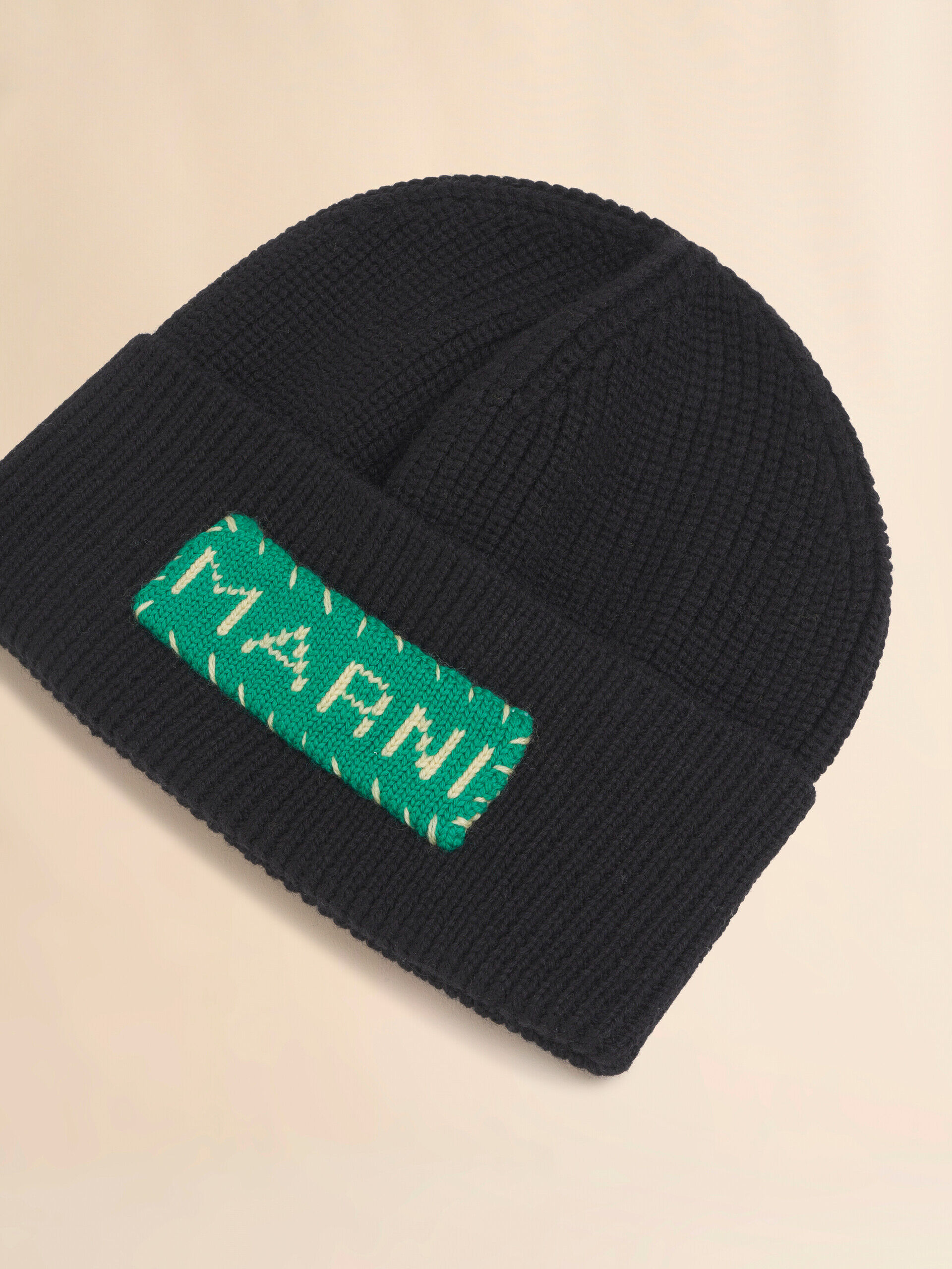 Black wool fisherman's rib beanie with Marni patch | Marni