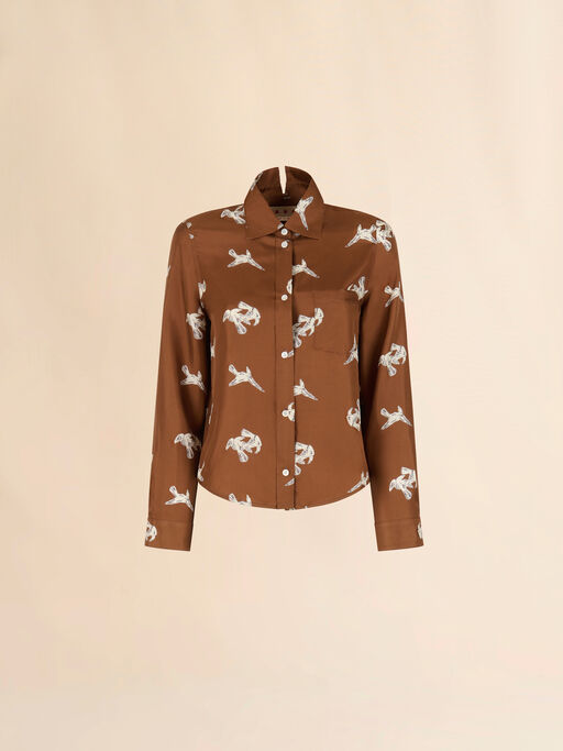 Brown silk twill shirt with raven print - Shirts