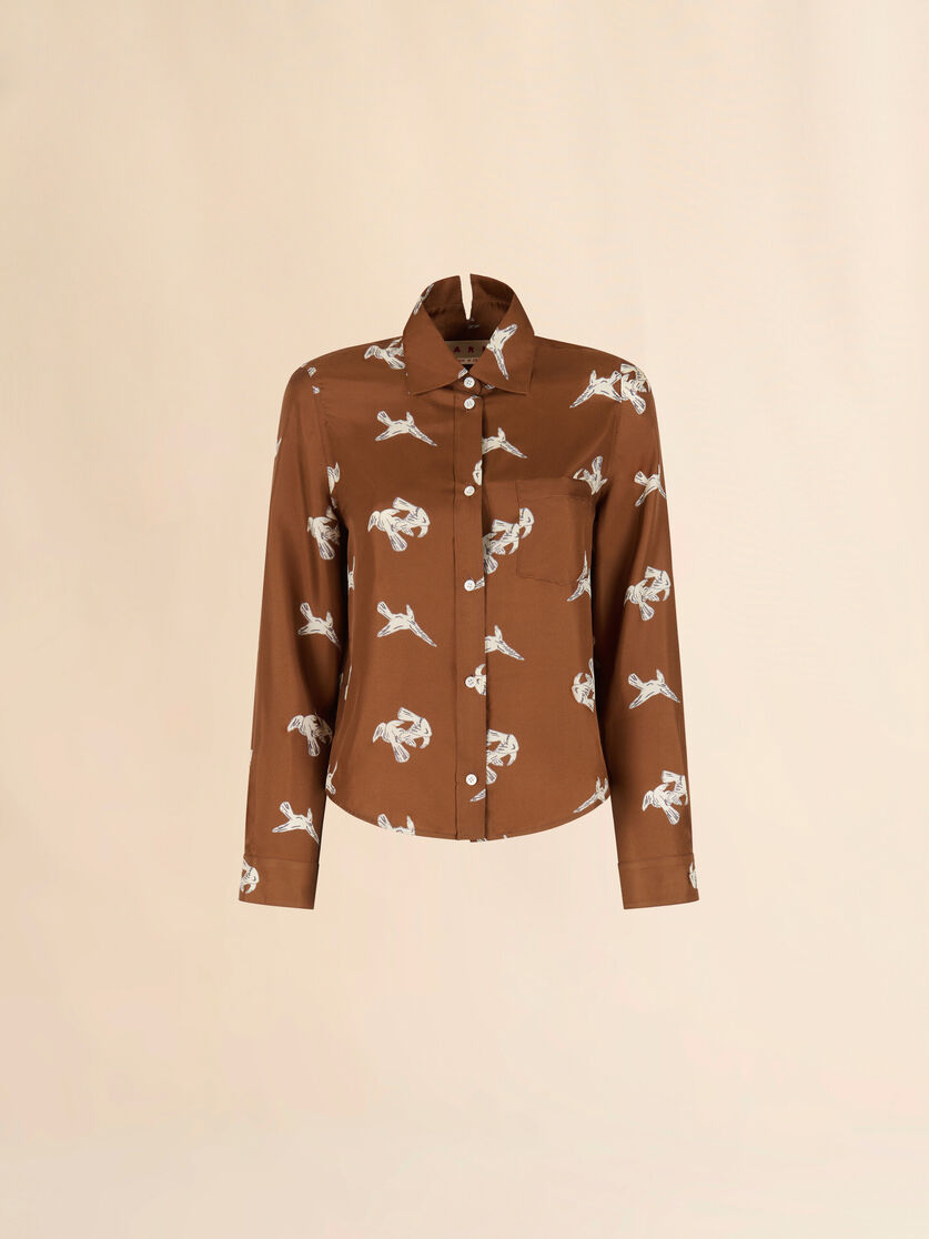 Brown silk twill shirt with raven print - Shirts - Image 1