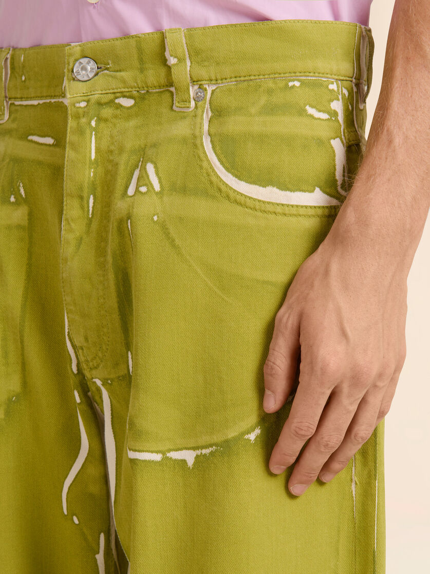 Green screen-printed denim wide-leg trousers, Image 4