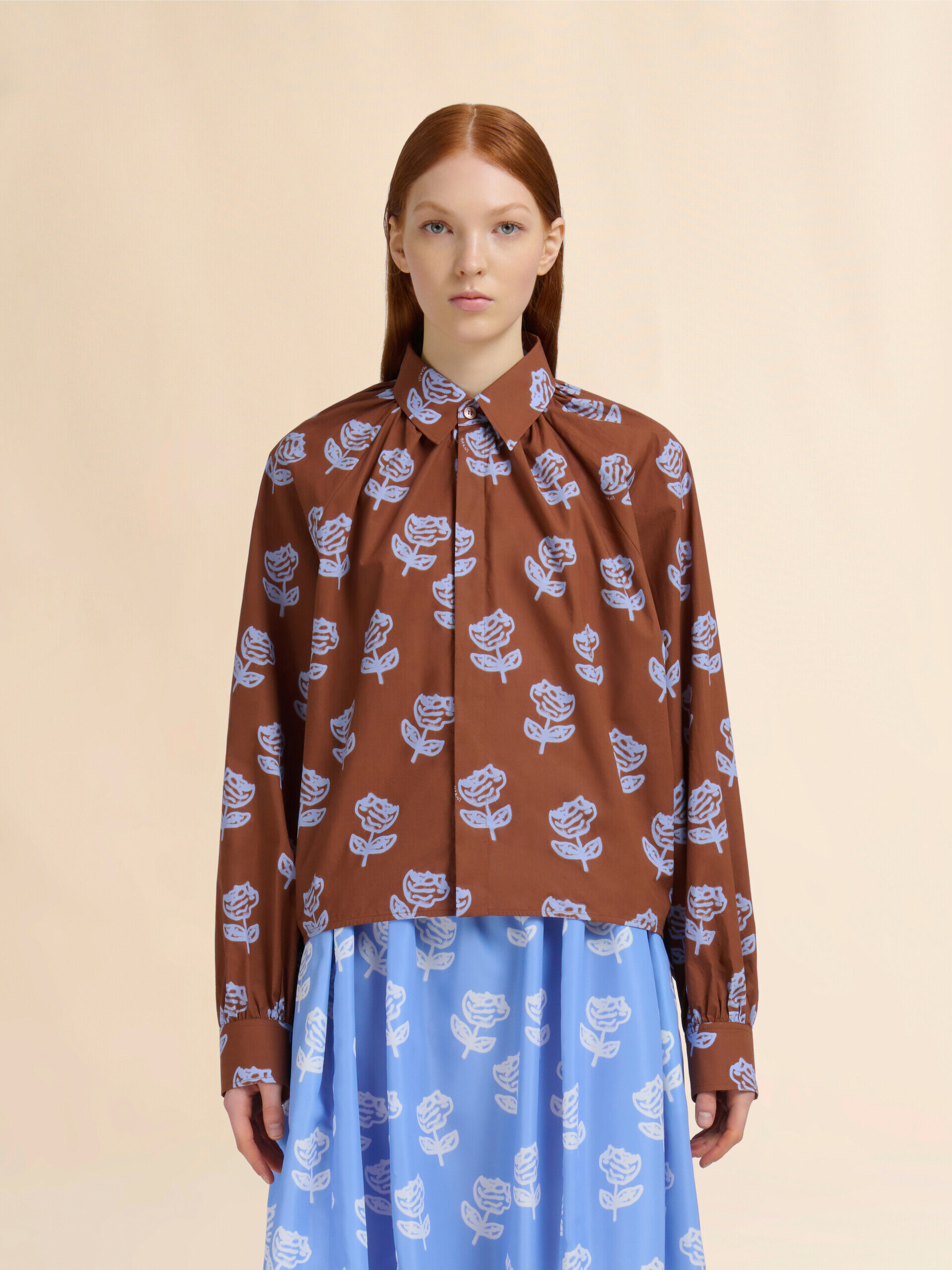 【Marni】プリントシャツ ブルー ポプリン製ボウリングシャツ オオカミ、カラス、ハトの