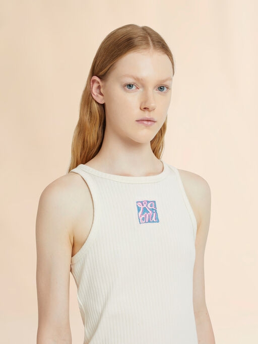 Cream ribbed cotton tank top with Marni Frame logo - T-shirts