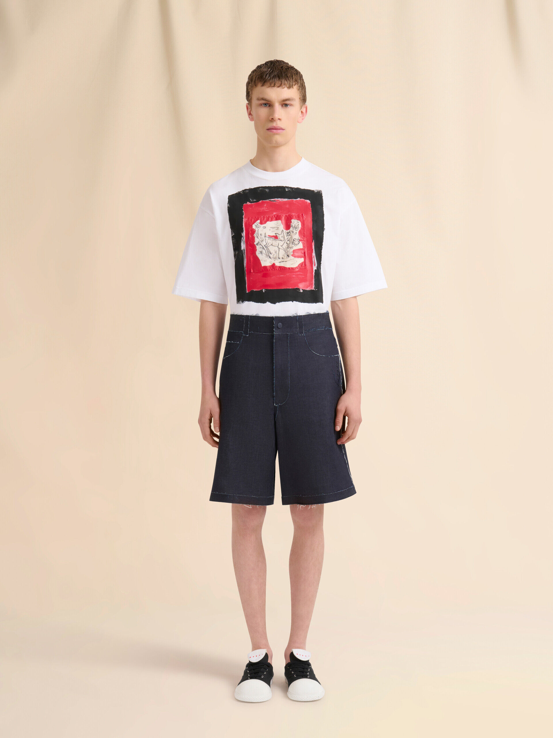 Deep blue stretch denim trompe l'oeil Bermuda shorts | Marni