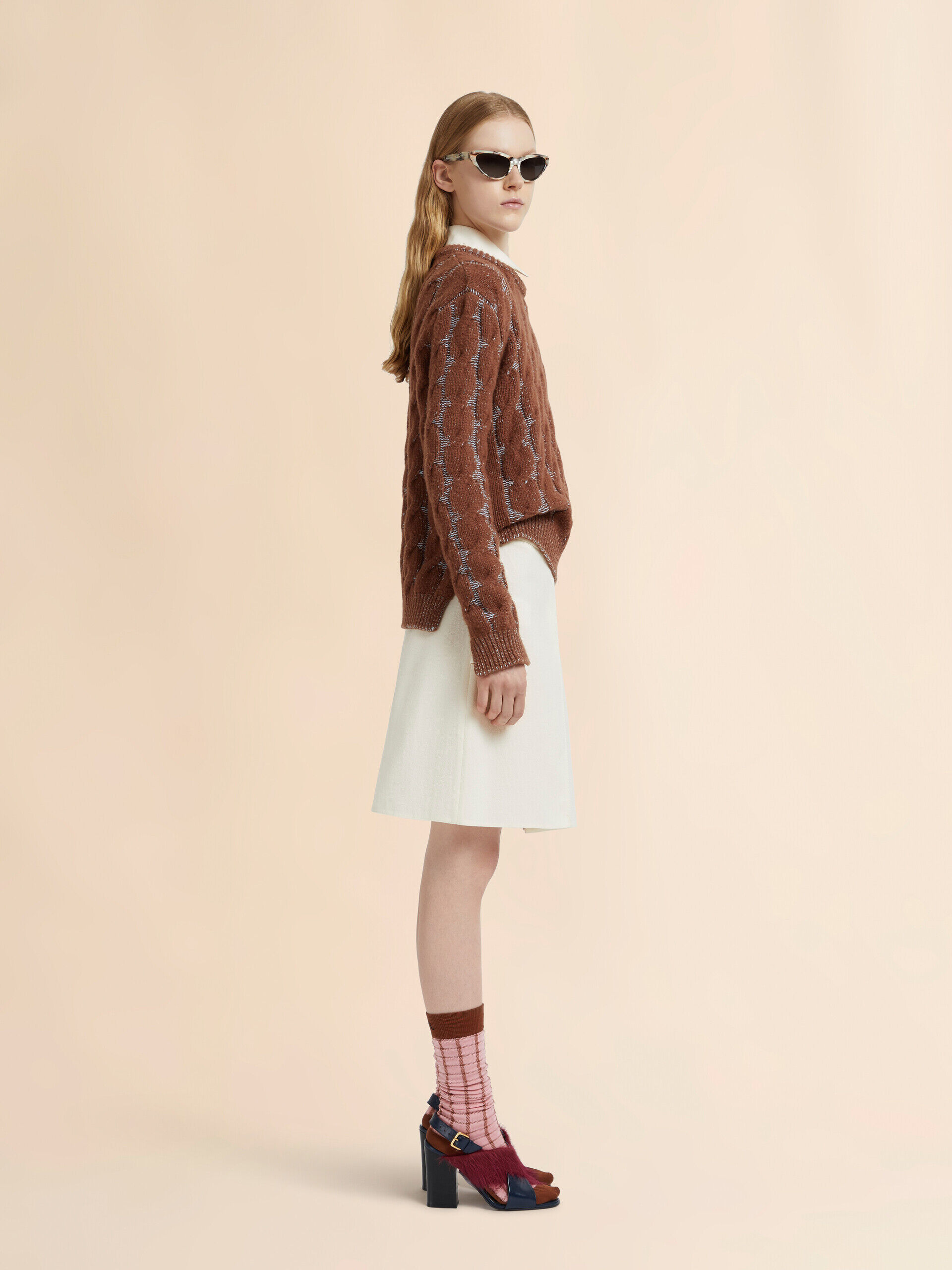 Brown mouliné wool-viscose sweater with cable pattern | Marni Brown mouliné wool-viscose sweater with cable pattern | Marni