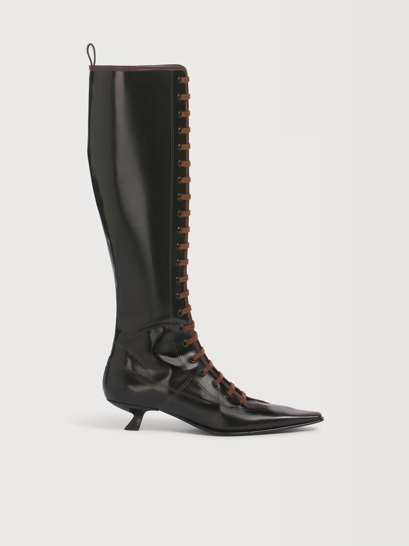 Black leather boot with full lace-up front, Image 1