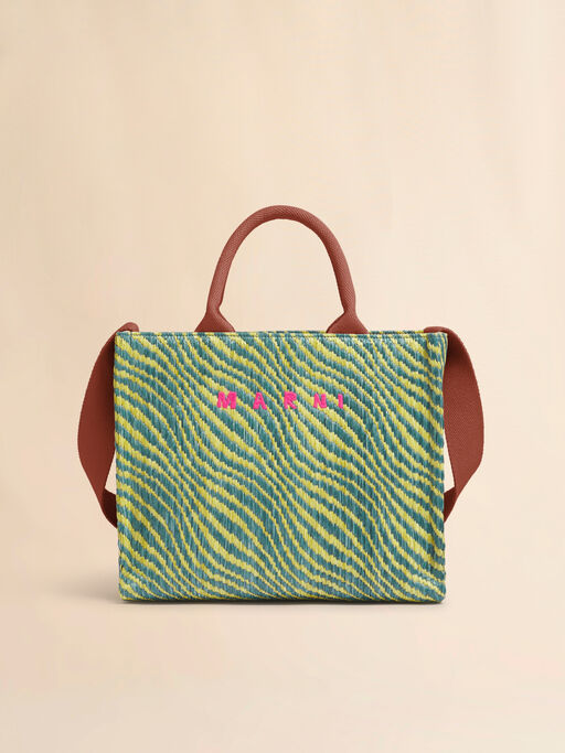 グリーン 波模様のラフィアエフェクト スモールトートバッグ - ショッピングバッグ