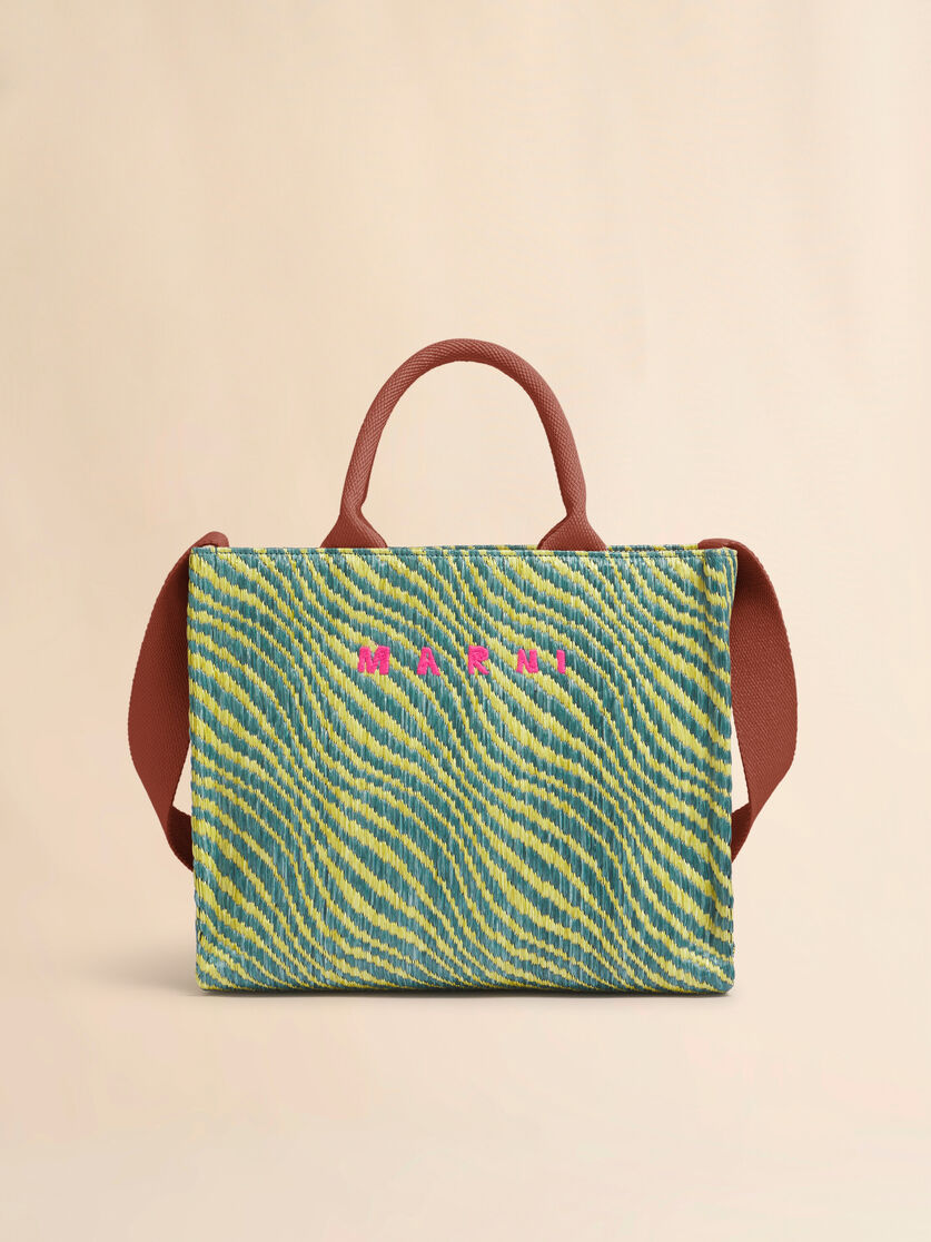 グリーン 波模様のラフィアエフェクト スモールトートバッグ, Image 1