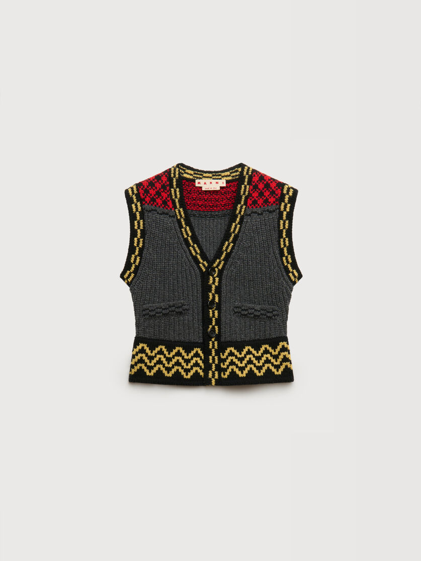Grey wool button vest with geometric motif, Image 1