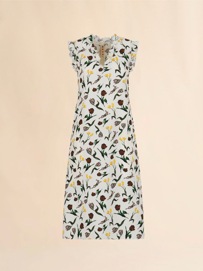 Cream envers satin dress with Tulips and Hares print - Dresses - Image 1