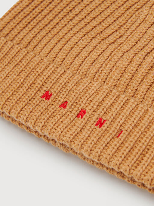Light brown wool blend beanie with embroidered Marni logo - Caps