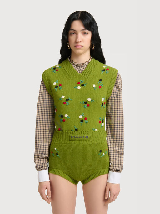 Green wool-cashmere vest with flower embroidery - Shirts
