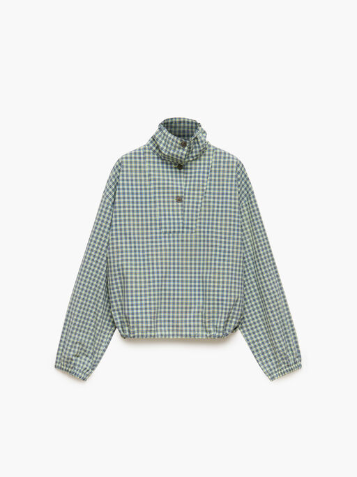 Green checked poplin blouse with high neck - Shirts