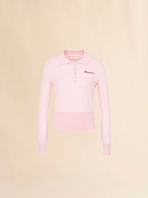 Pink wool-silk polo shirt with jacquard check - Shirts