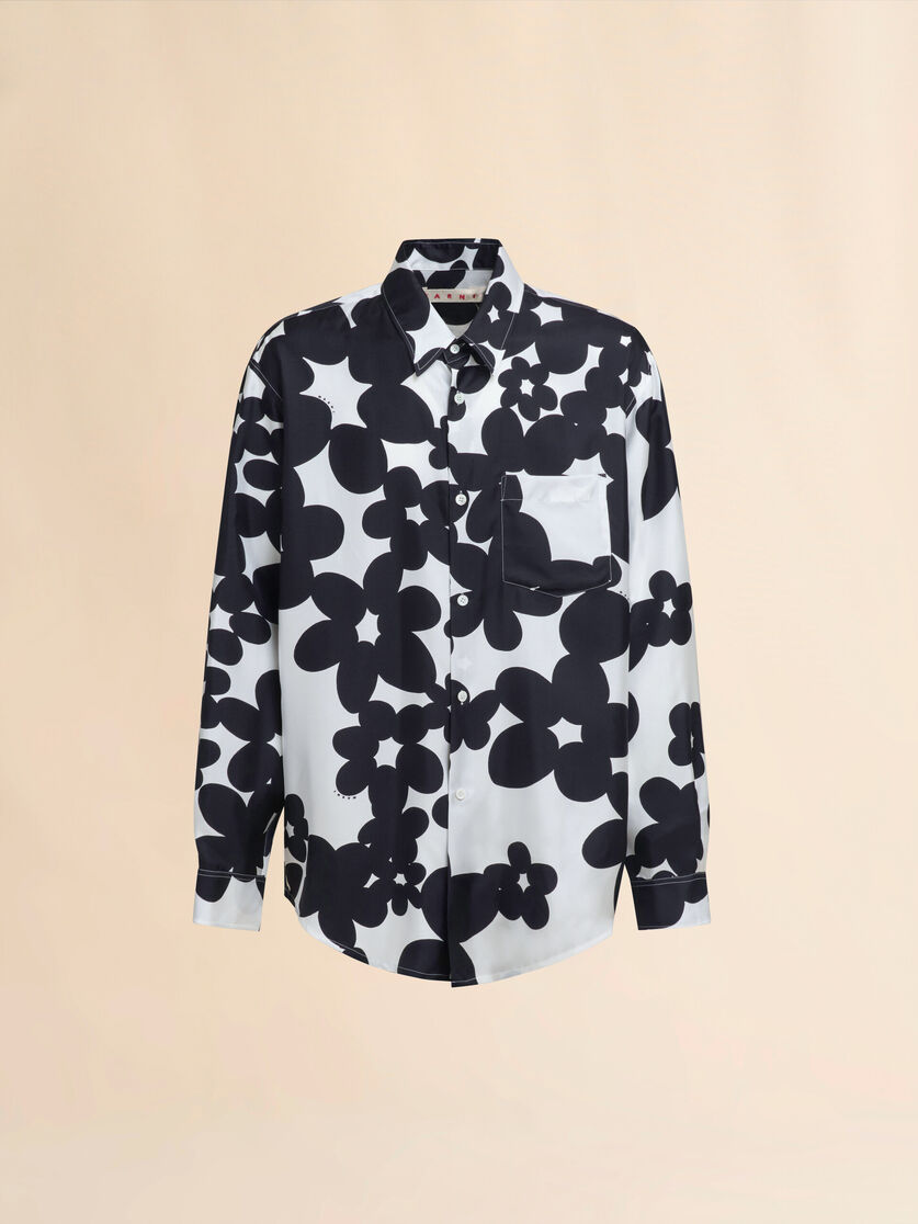 Camicia in seta con stampa Dillies bianca e nera - Camicie - Image 1