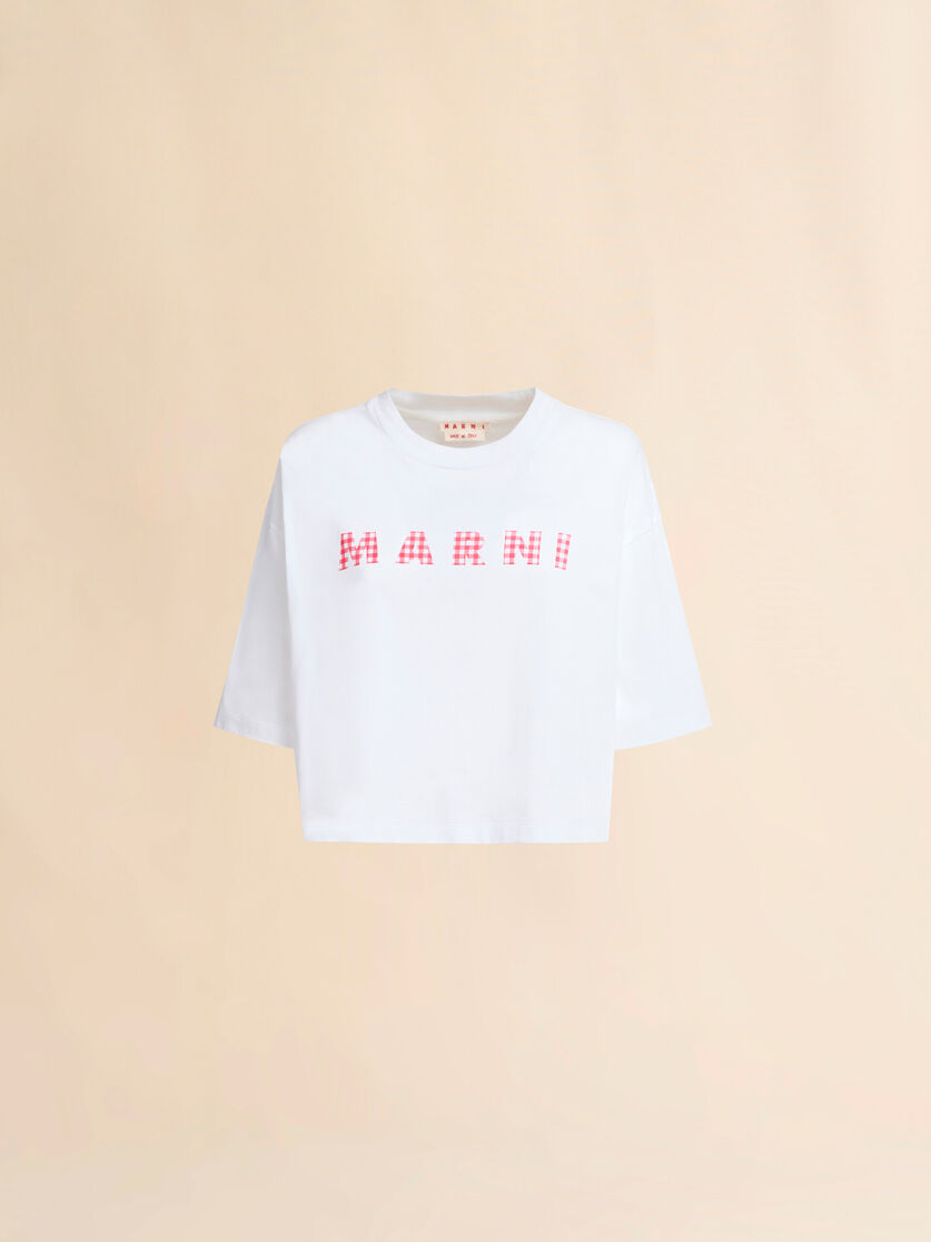 White jersey cotton T-shirt with checked Marni logo | Marni