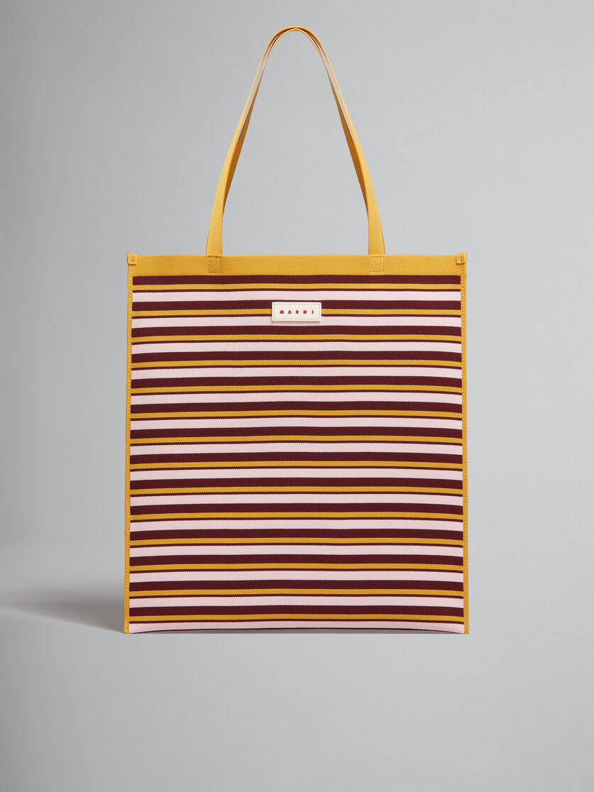 オレンジ バーガンディ ピンク ジャカードストライプ フラットトート  