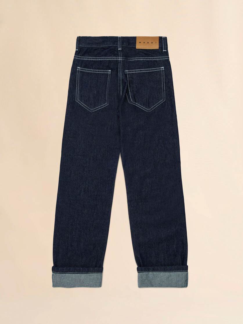 Deep blue denim jeans with white stitching, Image 2