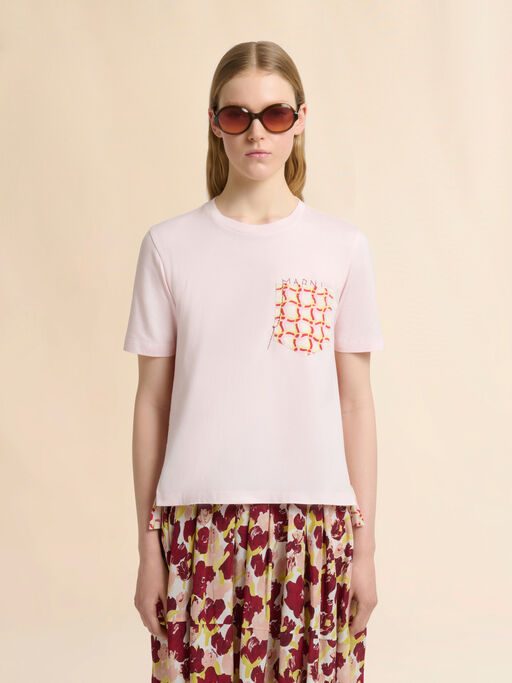 ピンク バックはポプリンのコットンTシャツ - Tシャツ