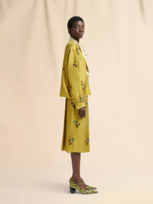 Yellow silk twill shirt with tulip print - Shirts