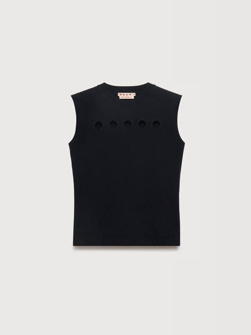 Black cotton sleeveless T-shirt with cut-out polka dots - T-shirts