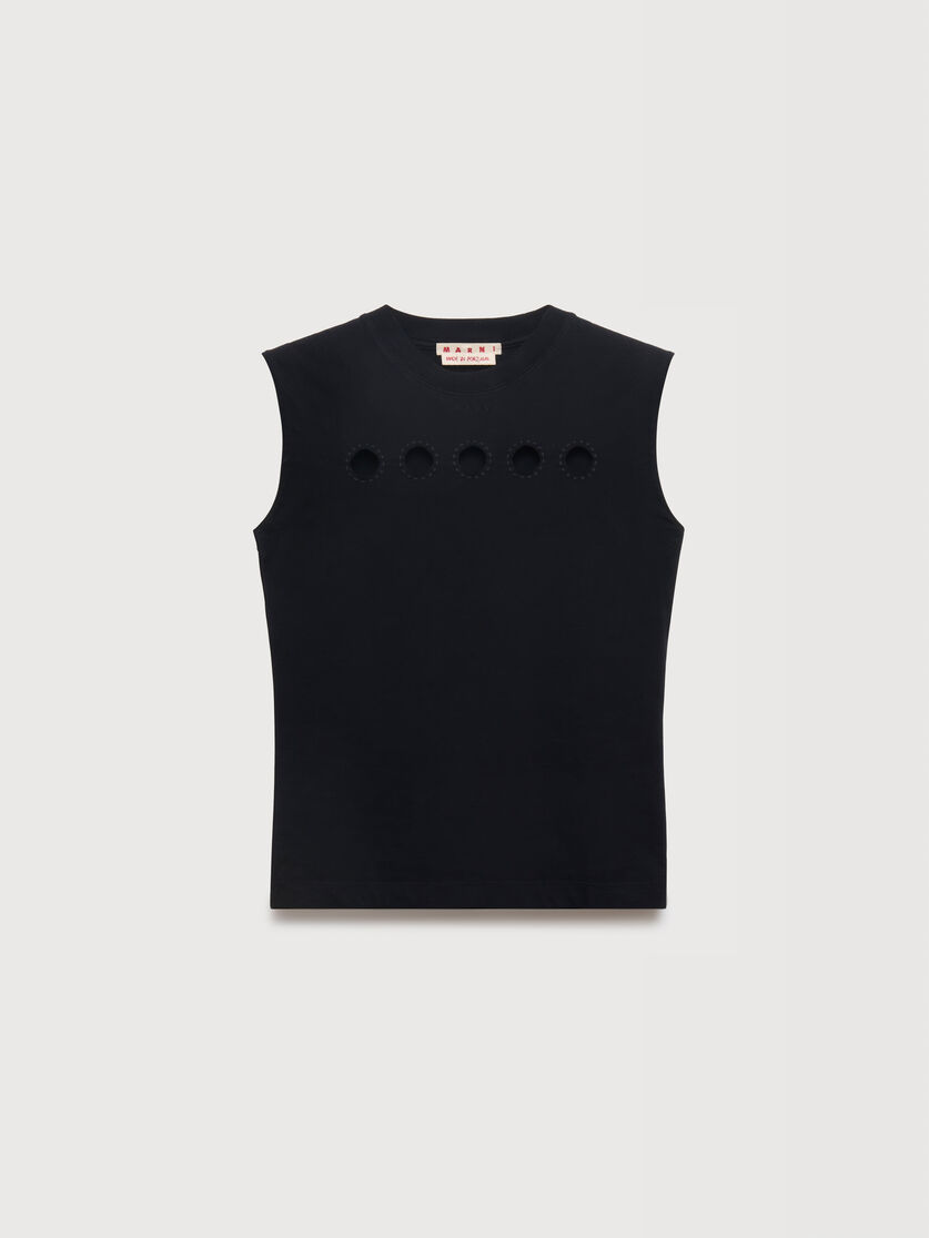Black cotton sleeveless T-shirt with cut-out polka dots, Image 1